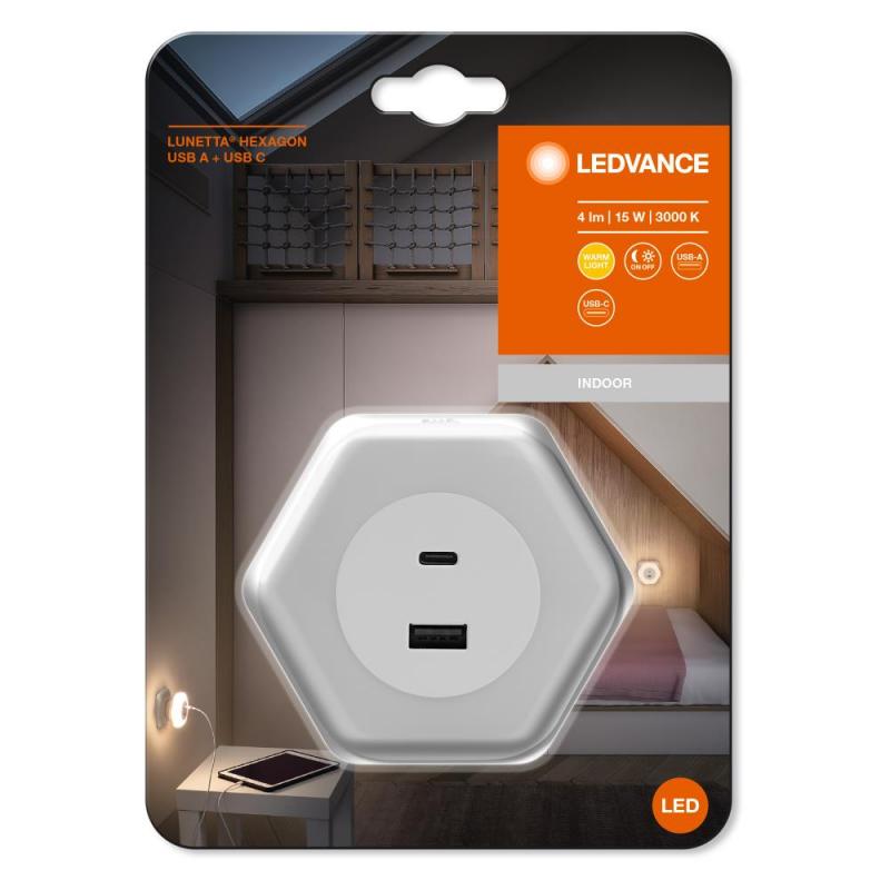 LEDVANCE Steckdosen Nachtlicht Hexagon 3000K Weiß mit USB Integrierter Tag-/Nacht-Sensor